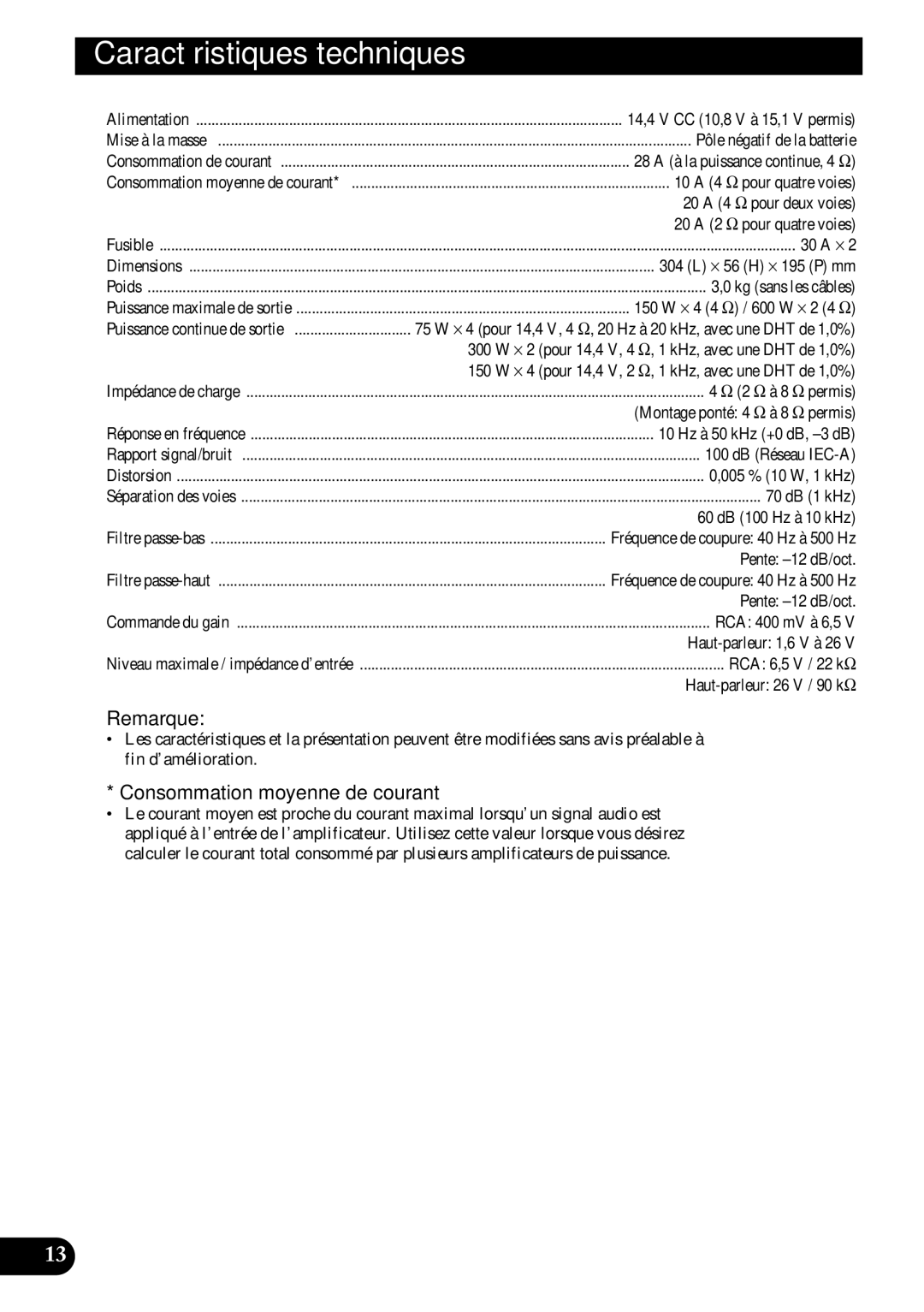 Pioneer PRS-D410 owner manual Caractéristiques techniques, Consommation moyenne de courant 