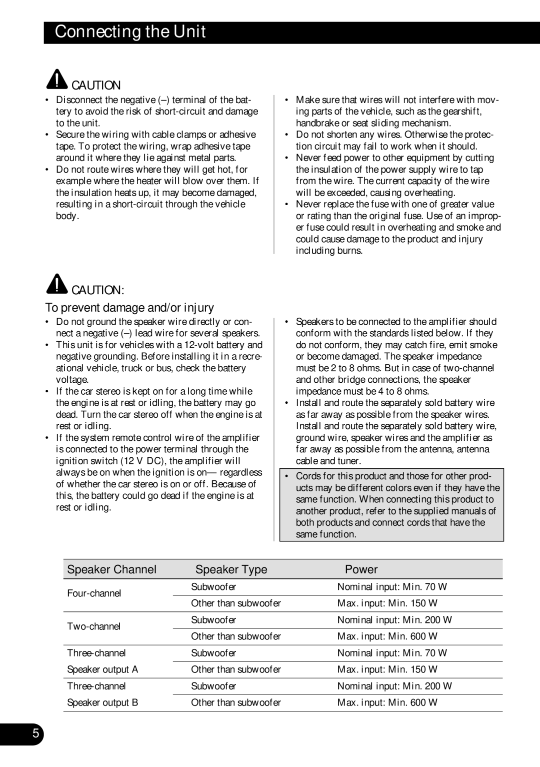 Pioneer PRS-D410 owner manual Connecting the Unit, To prevent damage and/or injury, Speaker Channel Speaker Type Power 