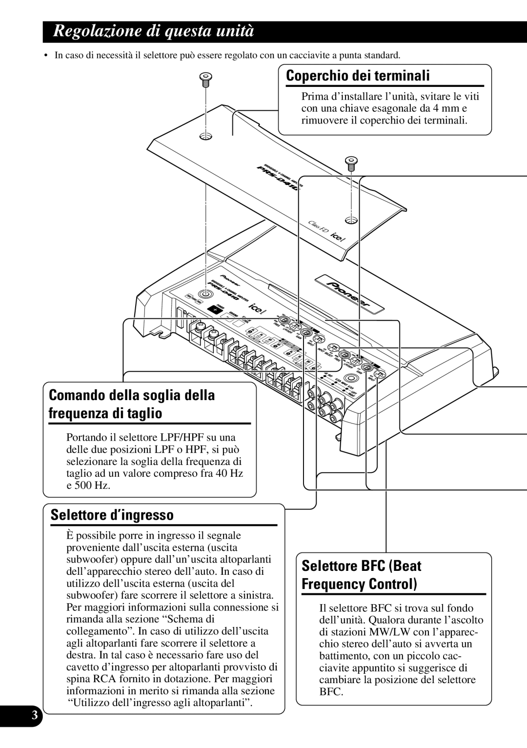 Pioneer PRS-D410 Regolazione di questa unità, Coperchio dei terminali, Comando della soglia della frequenza di taglio 