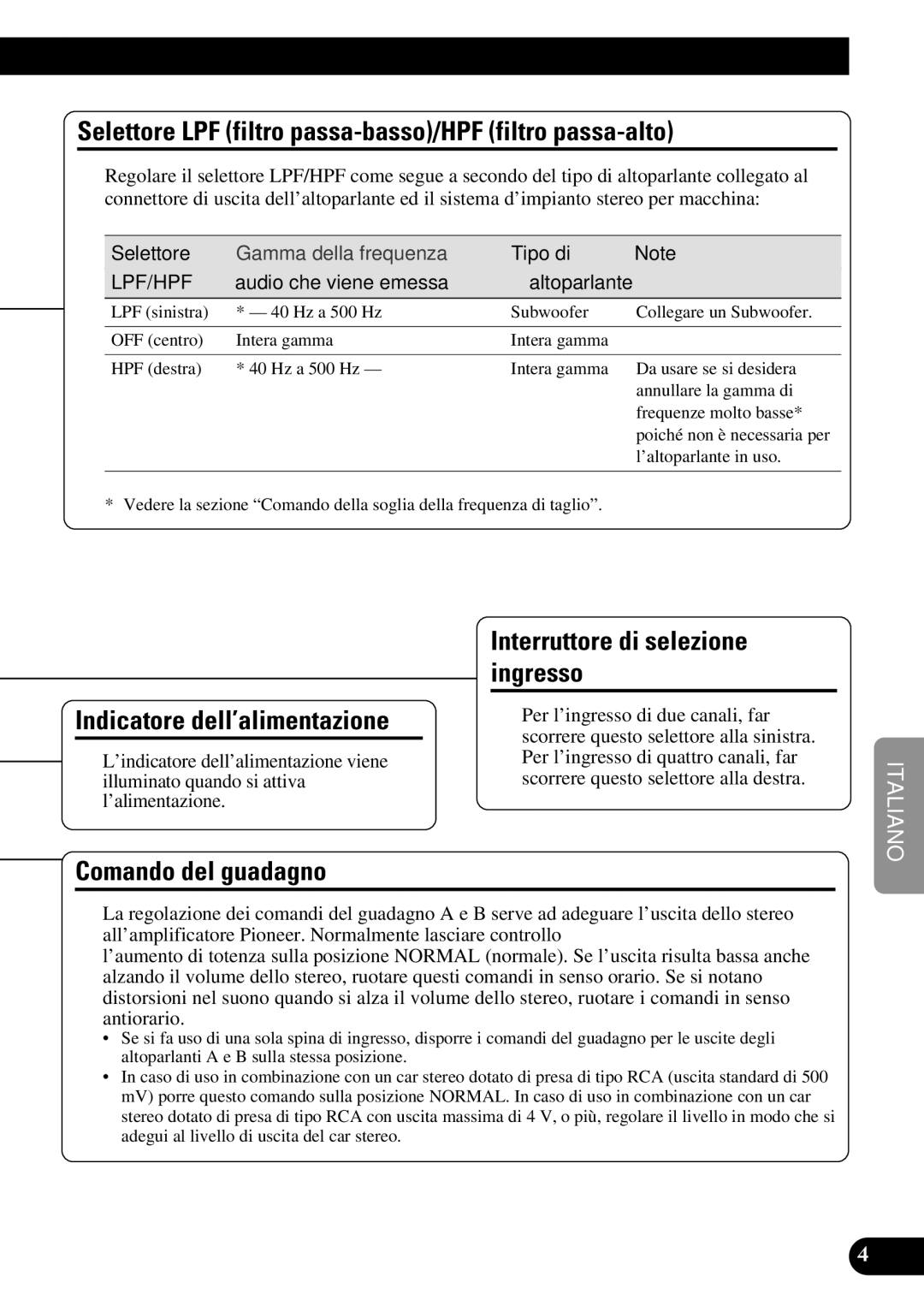 Pioneer PRS-D410 owner manual Selettore LPF filtro passa-basso/HPF filtro passa-alto, Indicatore dell’alimentazione 