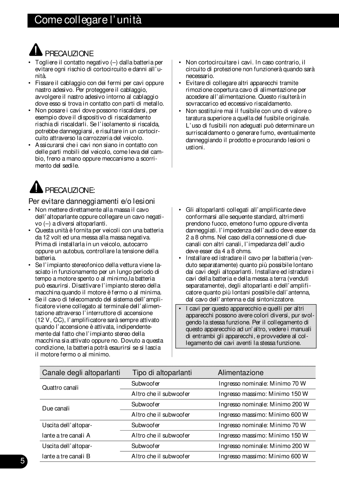 Pioneer PRS-D410 Come collegare l’unità, Per evitare danneggiamenti e/o lesioni, Tipo di altoparlanti Alimentazione 