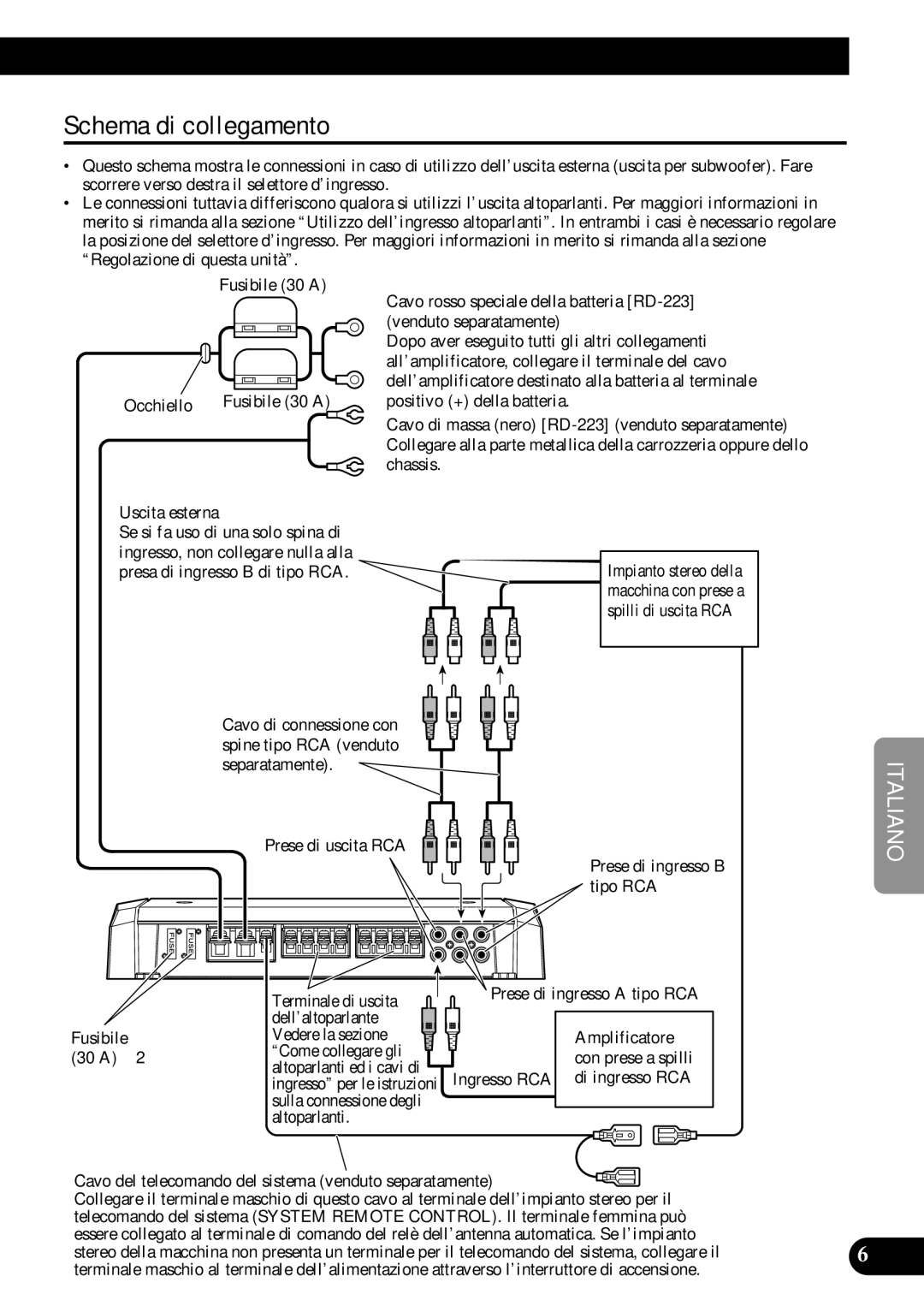 Pioneer PRS-D410 owner manual Schema di collegamento, Fusibile 30 a Occhiello, Prese di ingresso B tipo RCA 