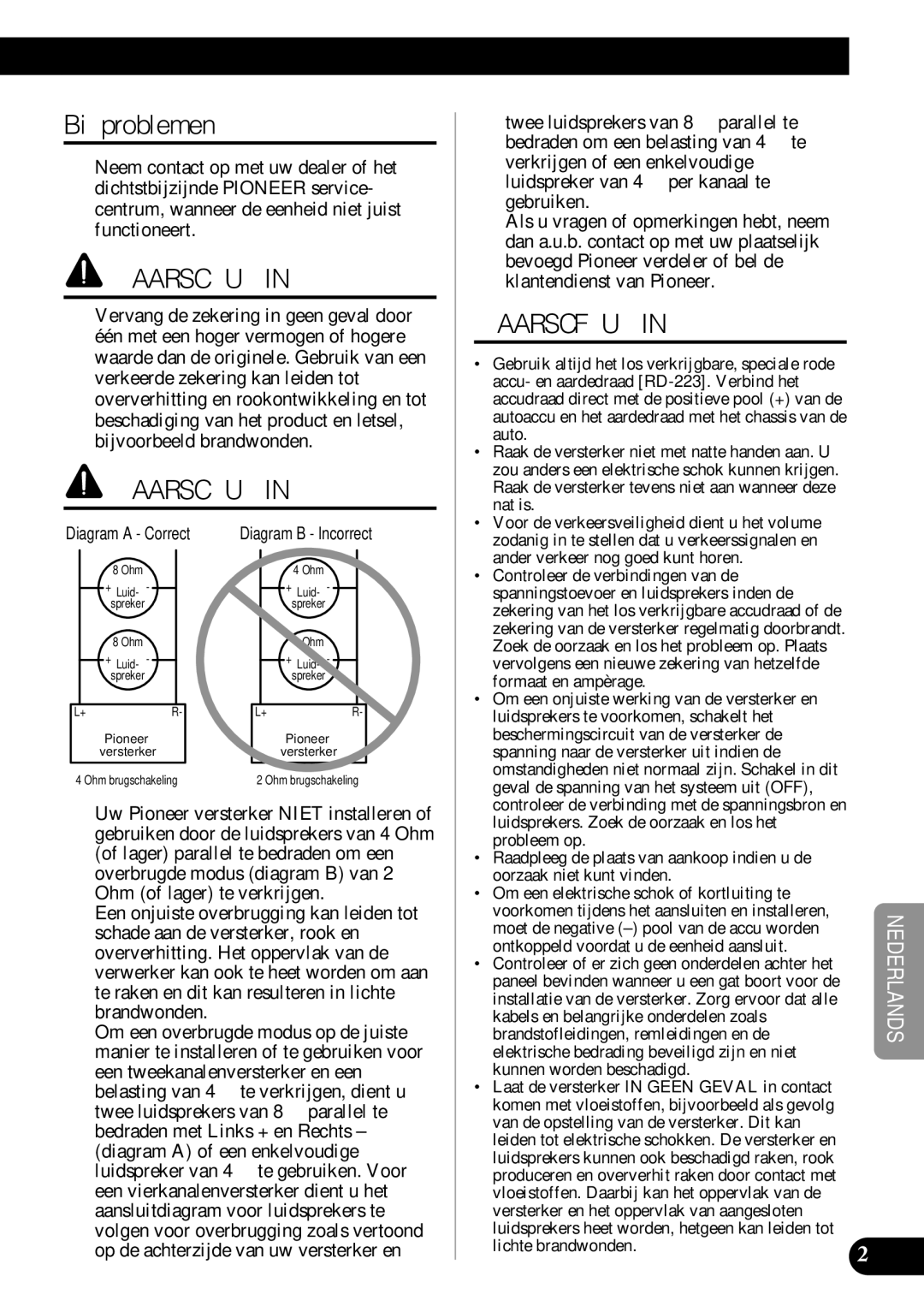 Pioneer PRS-D410 owner manual Bij problemen, Lichte brandwonden 