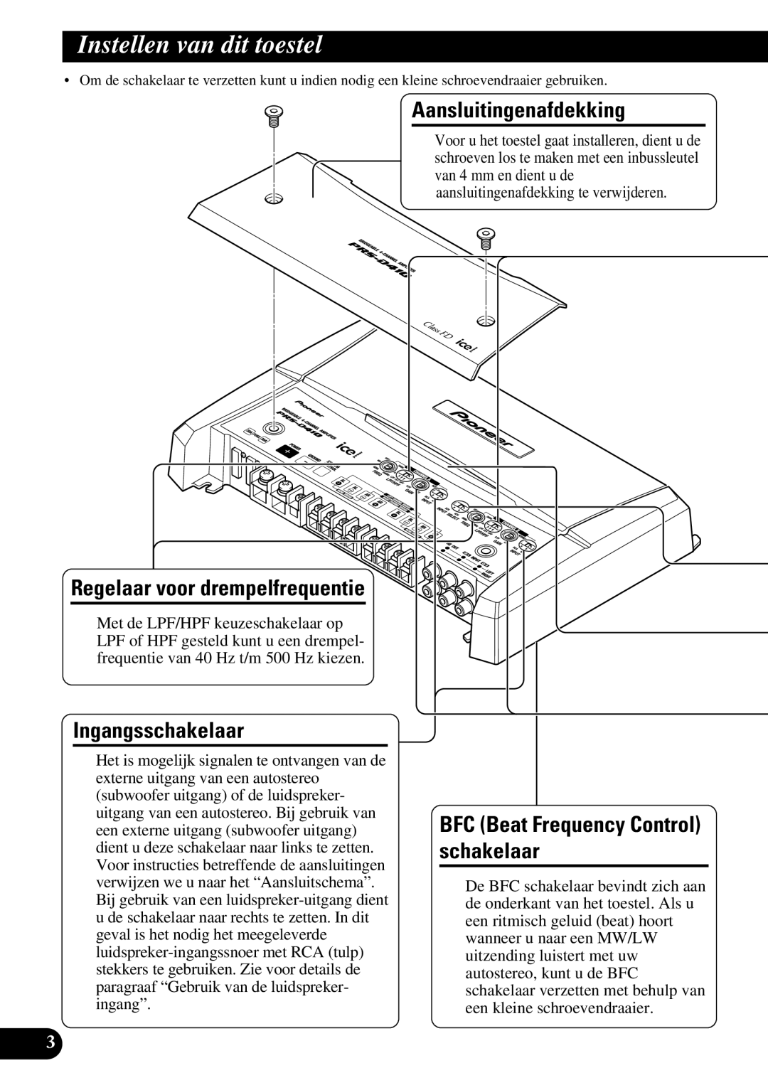 Pioneer PRS-D410 Instellen van dit toestel, Aansluitingenafdekking, Regelaar voor drempelfrequentie, Ingangsschakelaar 