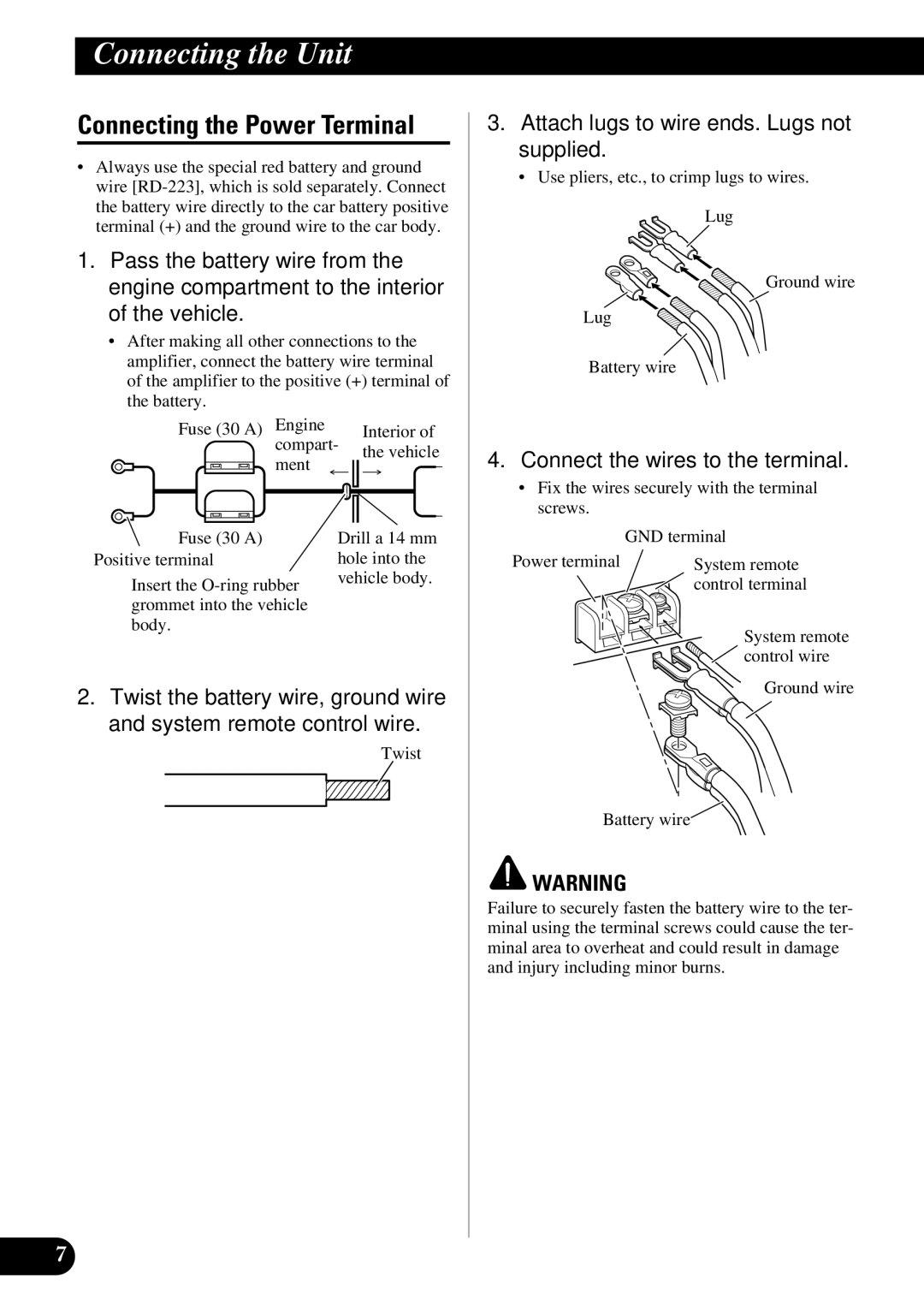 Pioneer PRS-D410 owner manual Connecting the Power Terminal, Attach lugs to wire ends. Lugs not supplied 