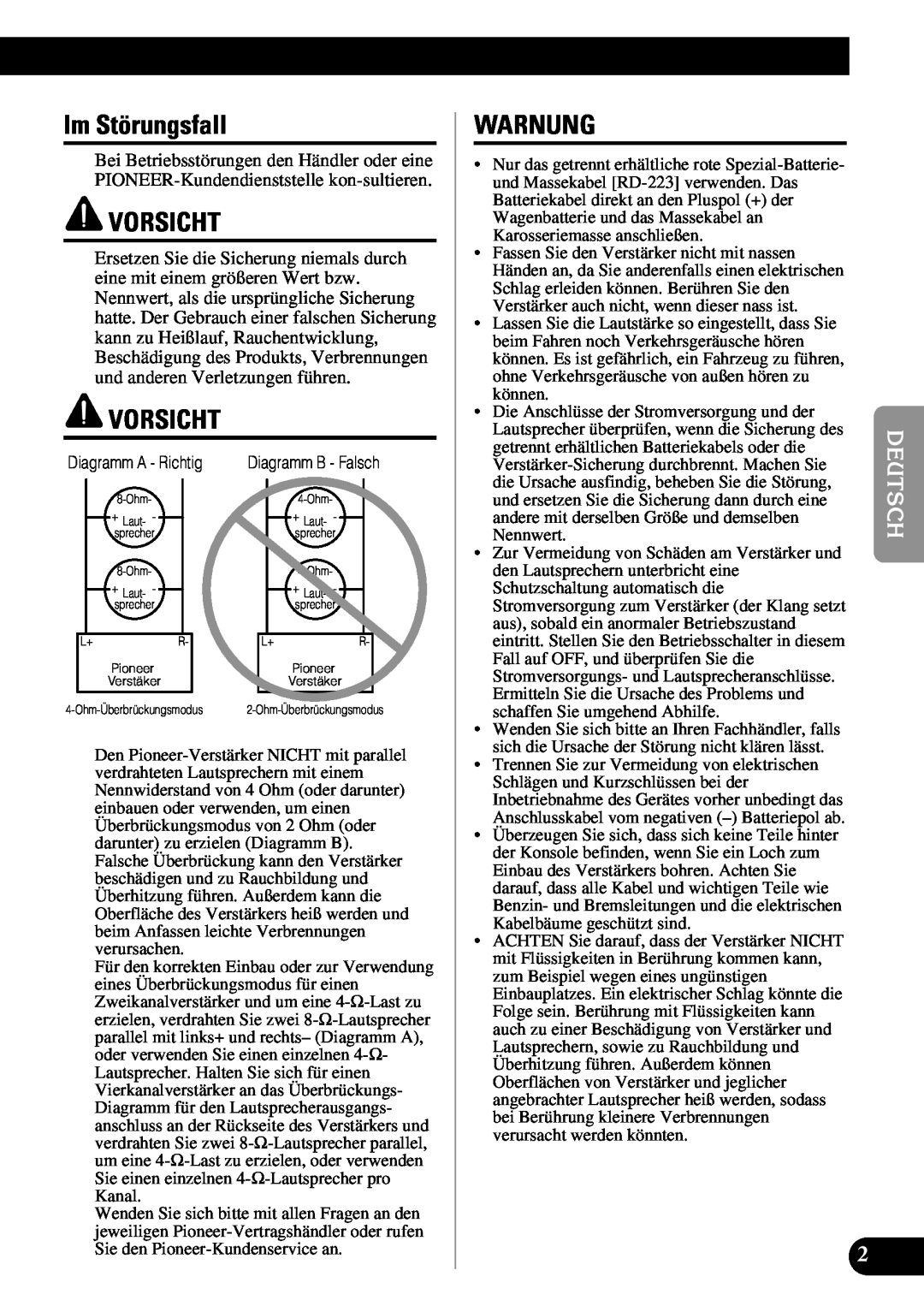 Pioneer PRS-D410 owner manual Im Störungsfall, Vorsicht, Warnung 