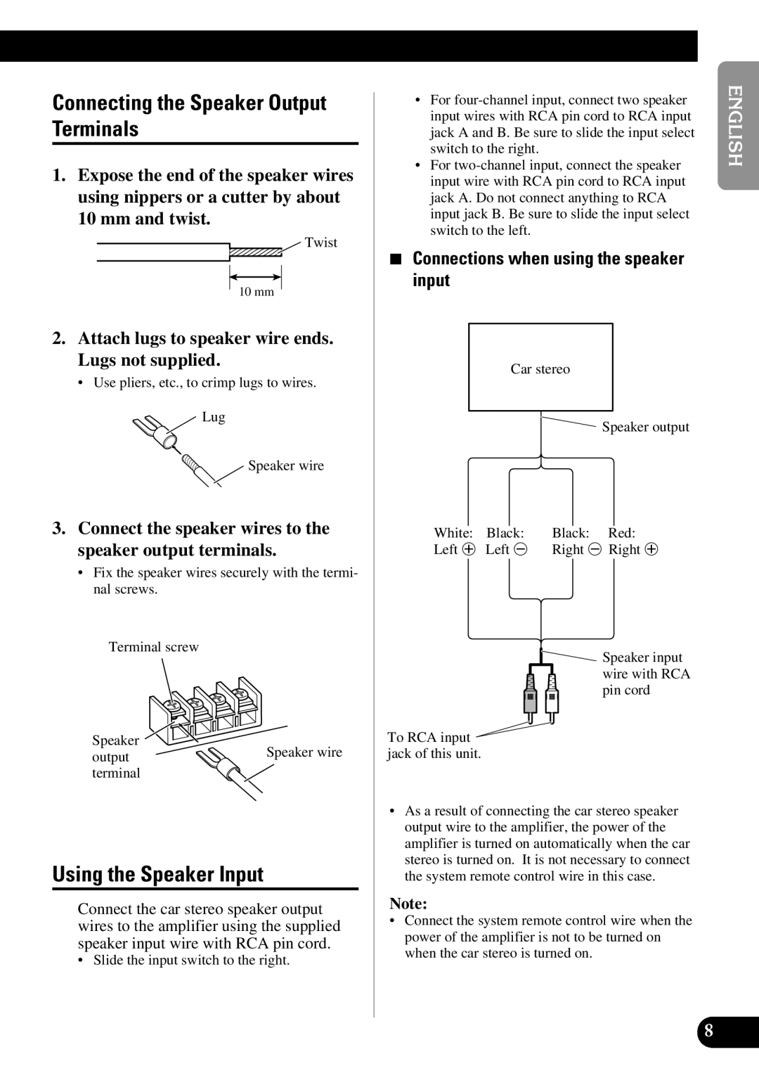 Pioneer PRS-D410 owner manual Connecting the Speaker Output Terminals, Using the Speaker Input 