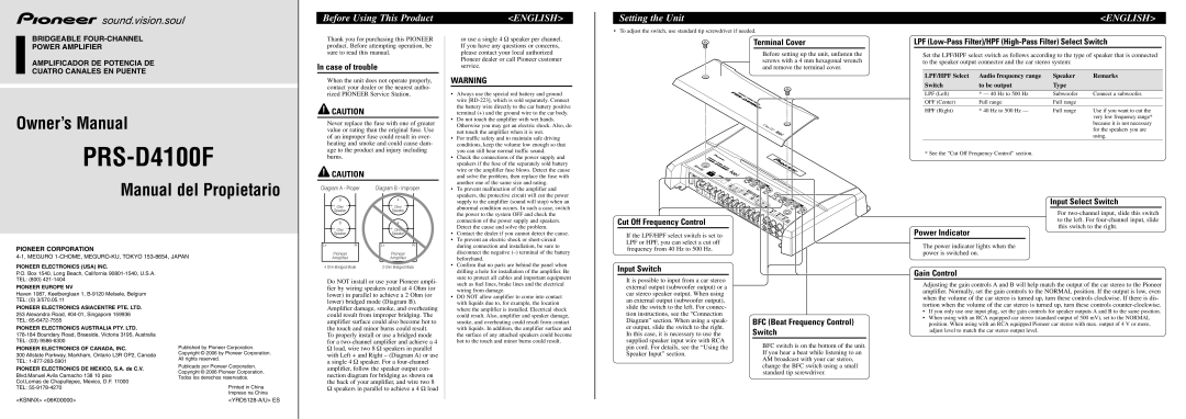 Pioneer PRS-D4100F owner manual Before Using This Product, Setting the Unit 