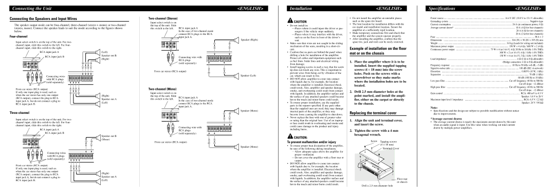 Pioneer PRS-D4100F Installation, Specifications, Connecting the Speakers and Input Wires, Replacing the terminal cover 