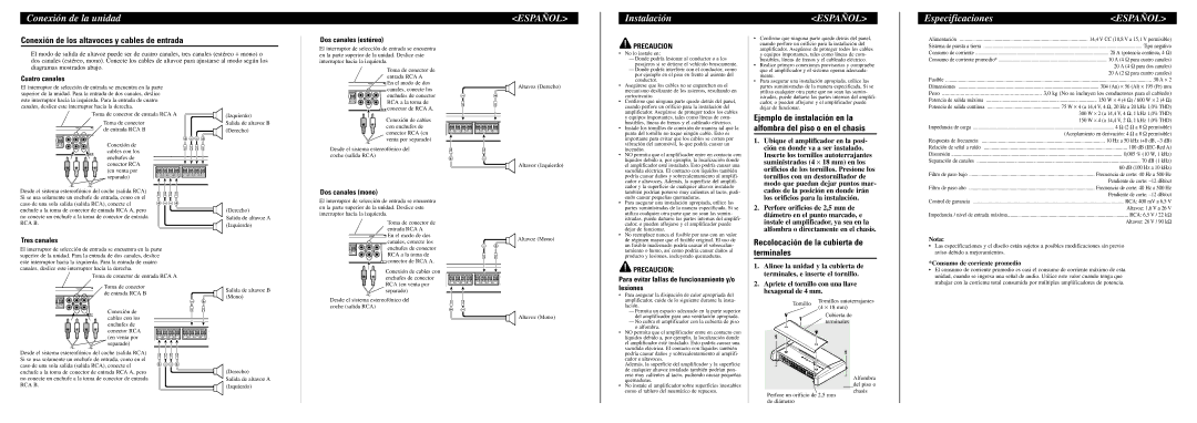 Pioneer PRS-D4100F owner manual Instalación, Especificaciones, Conexión de los altavoces y cables de entrada 