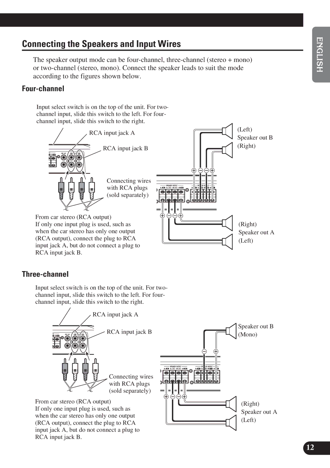 Pioneer PRS-D4200F owner manual Connecting the Speakers and Input Wires, Four-channel, Three-channel 