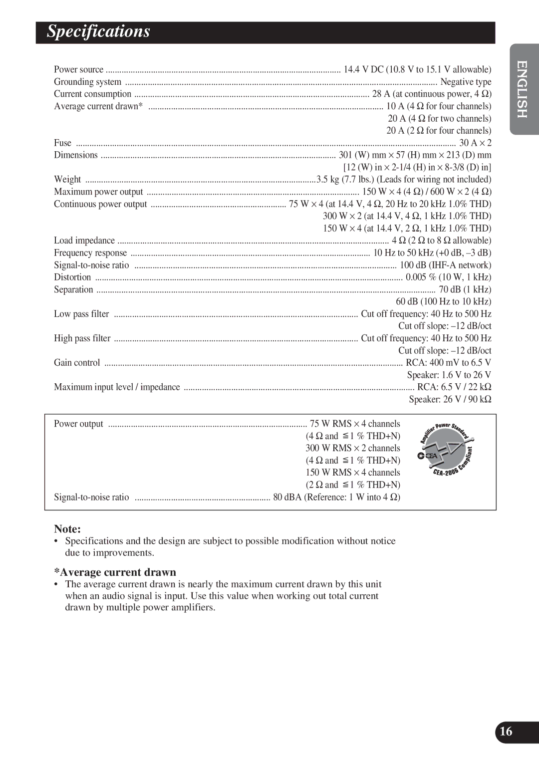 Pioneer PRS-D4200F owner manual Specifications, Average current drawn 