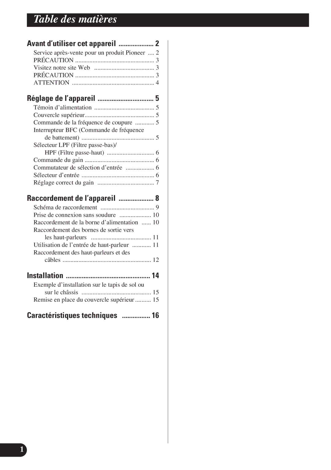 Pioneer PRS-D4200F owner manual Table des matières, Interrupteur BFC Commande de fréquence, Sélecteur LPF Filtre passe-bas 