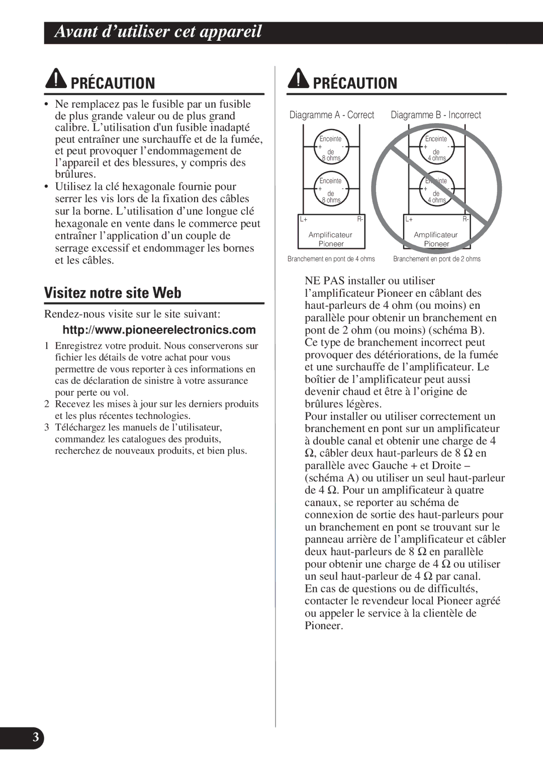 Pioneer PRS-D4200F owner manual Précaution, Visitez notre site Web 