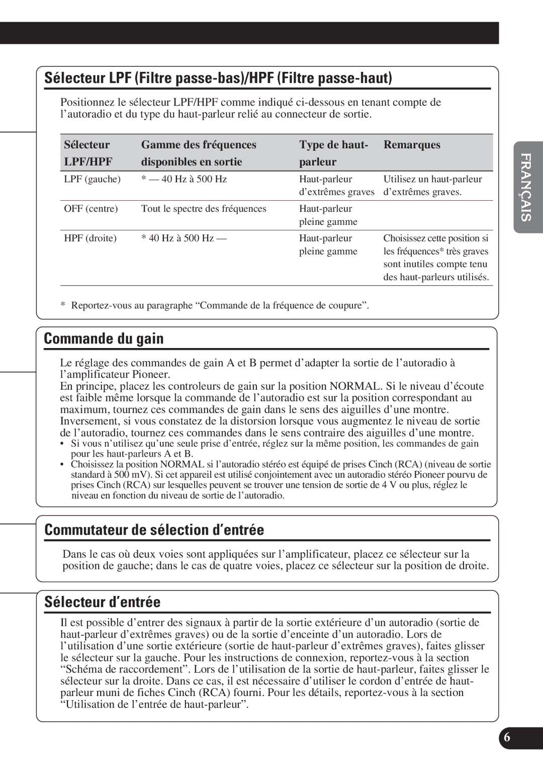 Pioneer PRS-D4200F owner manual Sélecteur LPF Filtre passe-bas/HPF Filtre passe-haut, Commande du gain, Sélecteur d’entrée 