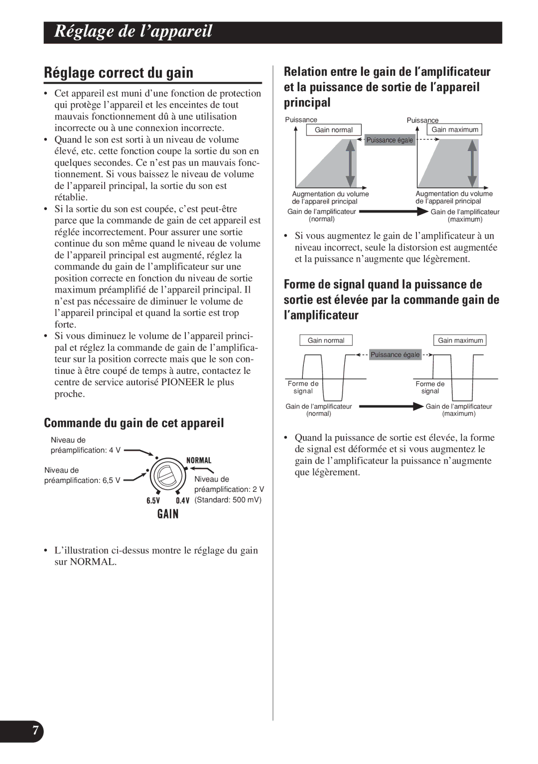 Pioneer PRS-D4200F owner manual Réglage correct du gain, Commande du gain de cet appareil 