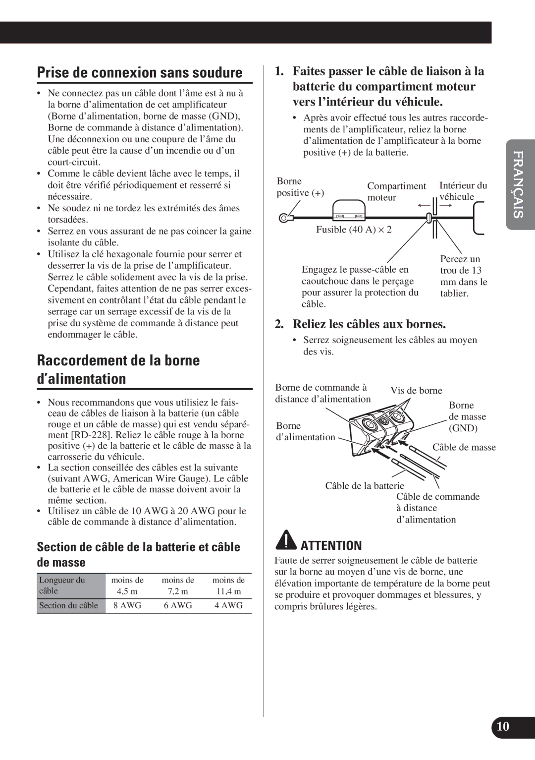 Pioneer PRS-D4200F owner manual Raccordement de la borne d’alimentation, Section de câble de la batterie et câble de masse 