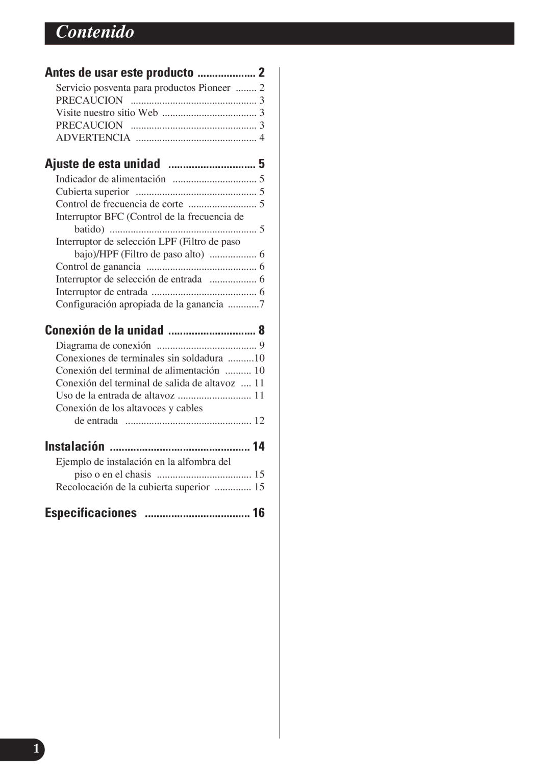 Pioneer PRS-D4200F owner manual Contenido, Conexión de los altavoces y cables, Ejemplo de instalación en la alfombra del 