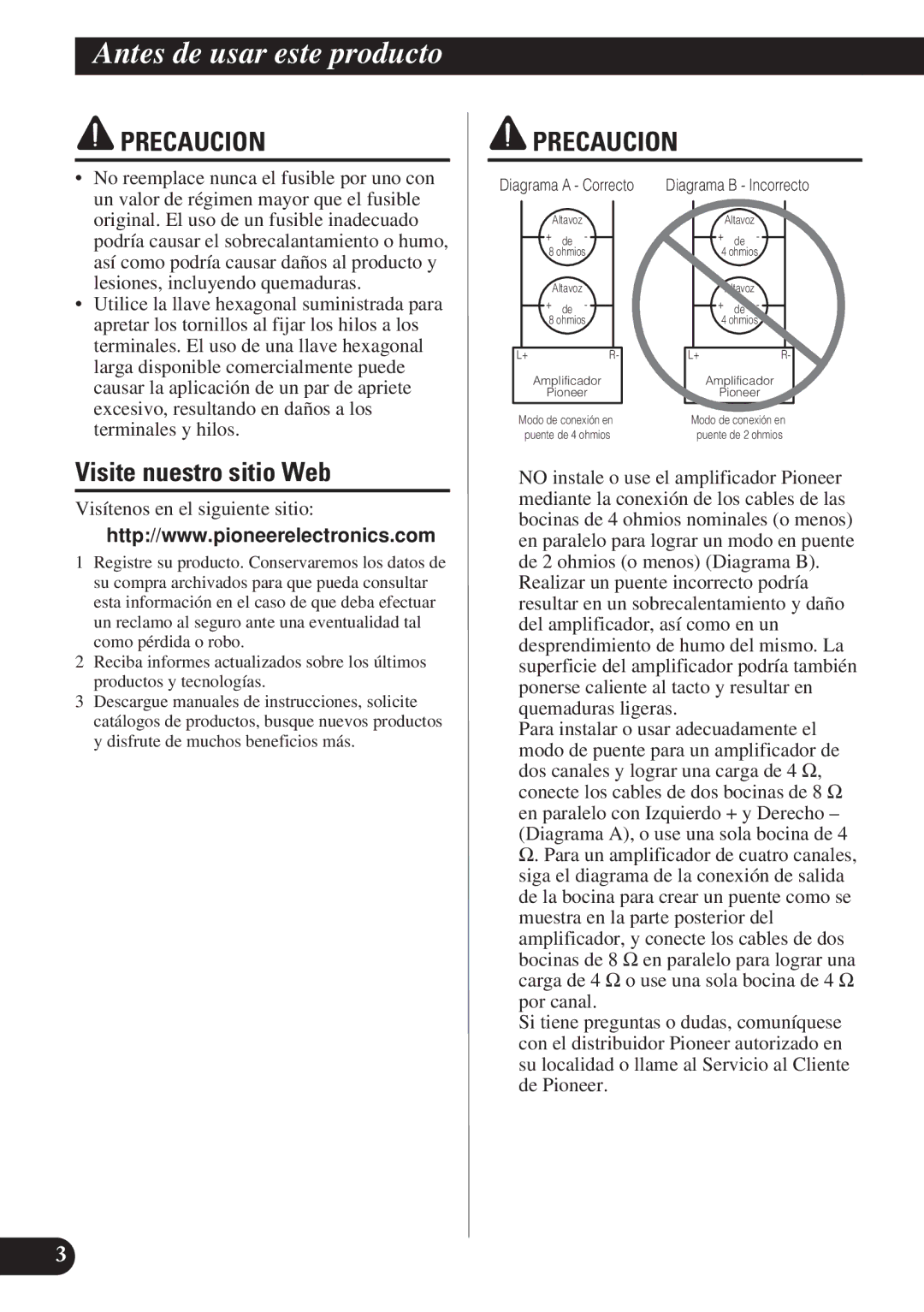 Pioneer PRS-D4200F owner manual Precaucion, Visite nuestro sitio Web 