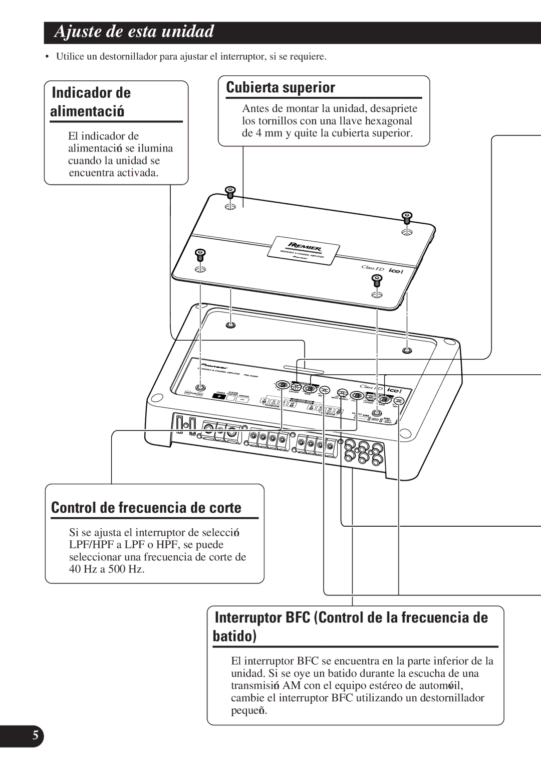 Pioneer PRS-D4200F owner manual Ajuste de esta unidad, Cubierta superior, Control de frecuencia de corte 