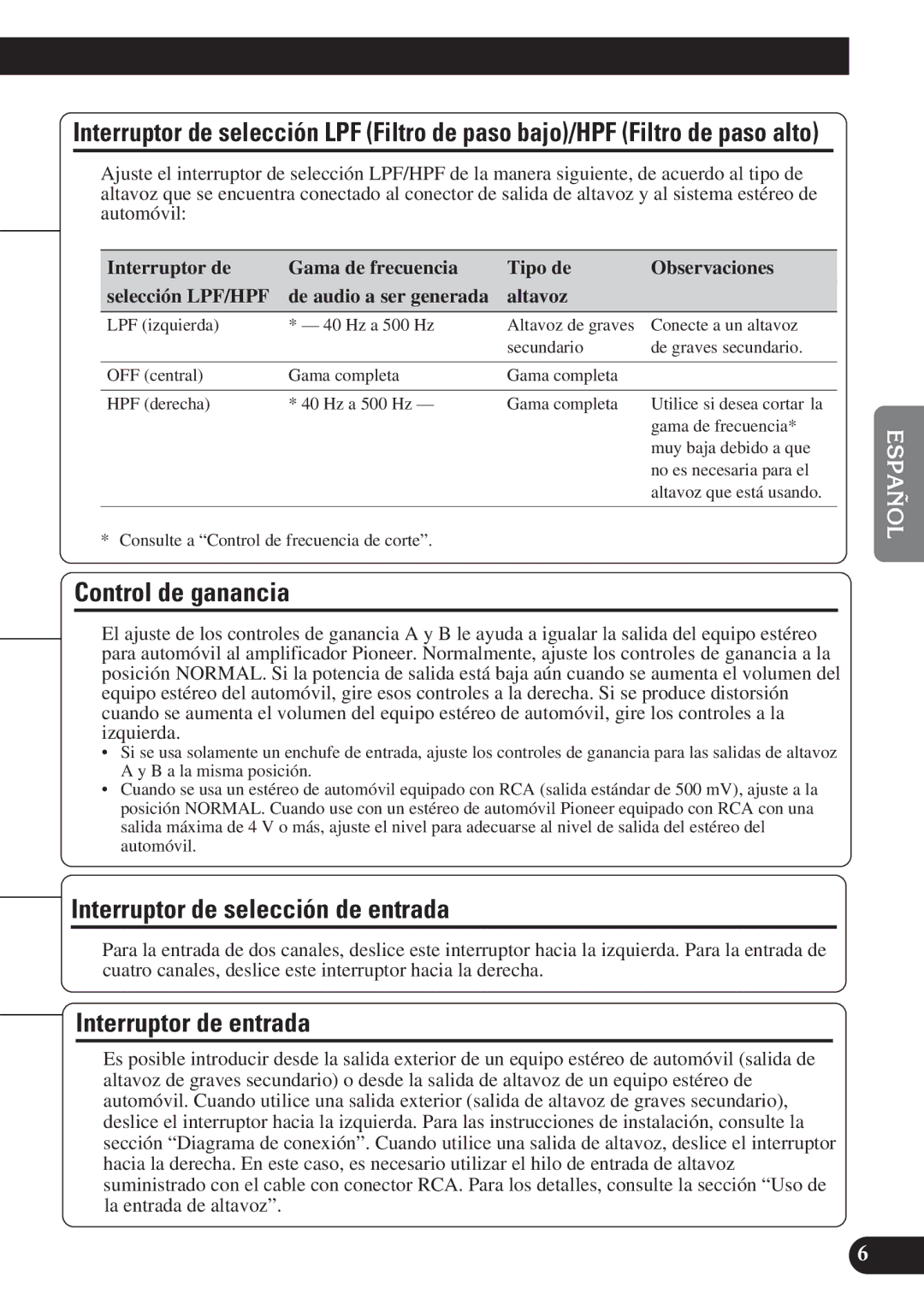 Pioneer PRS-D4200F owner manual Control de ganancia, Interruptor de selección de entrada, Interruptor de entrada 