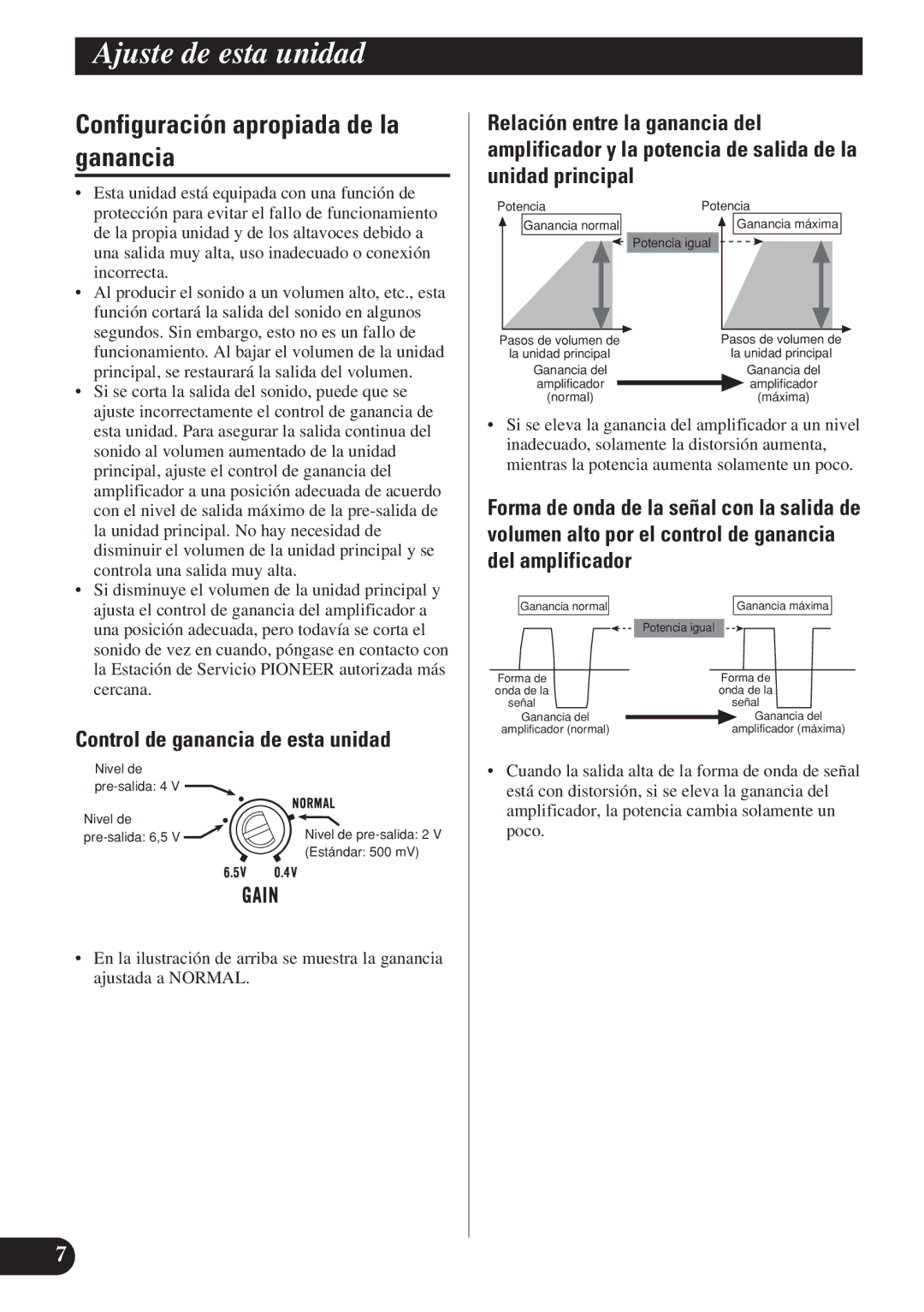 Pioneer PRS-D4200F owner manual Configuración apropiada de la ganancia, Control de ganancia de esta unidad 