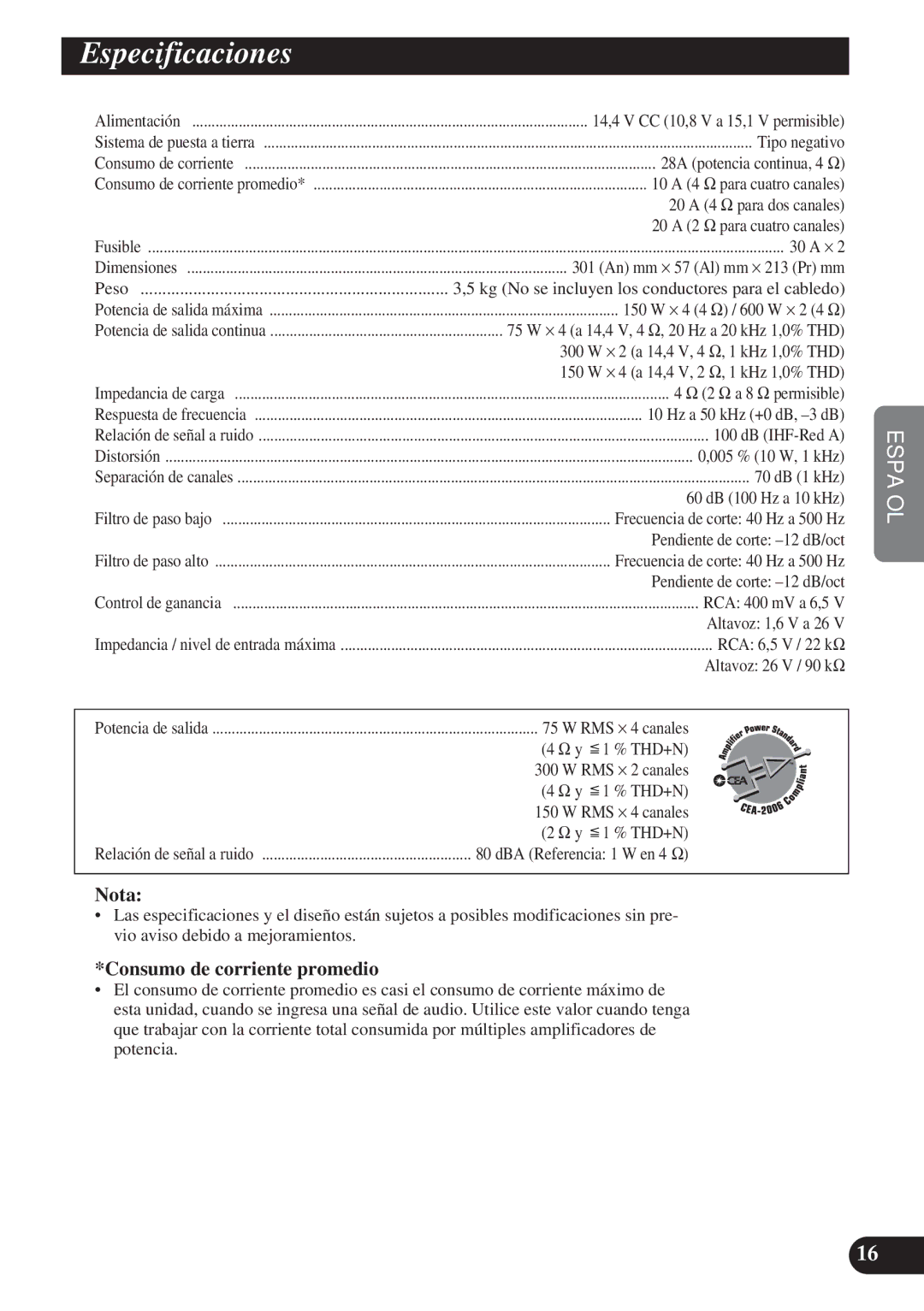 Pioneer PRS-D4200F owner manual Especificaciones, Consumo de corriente promedio 