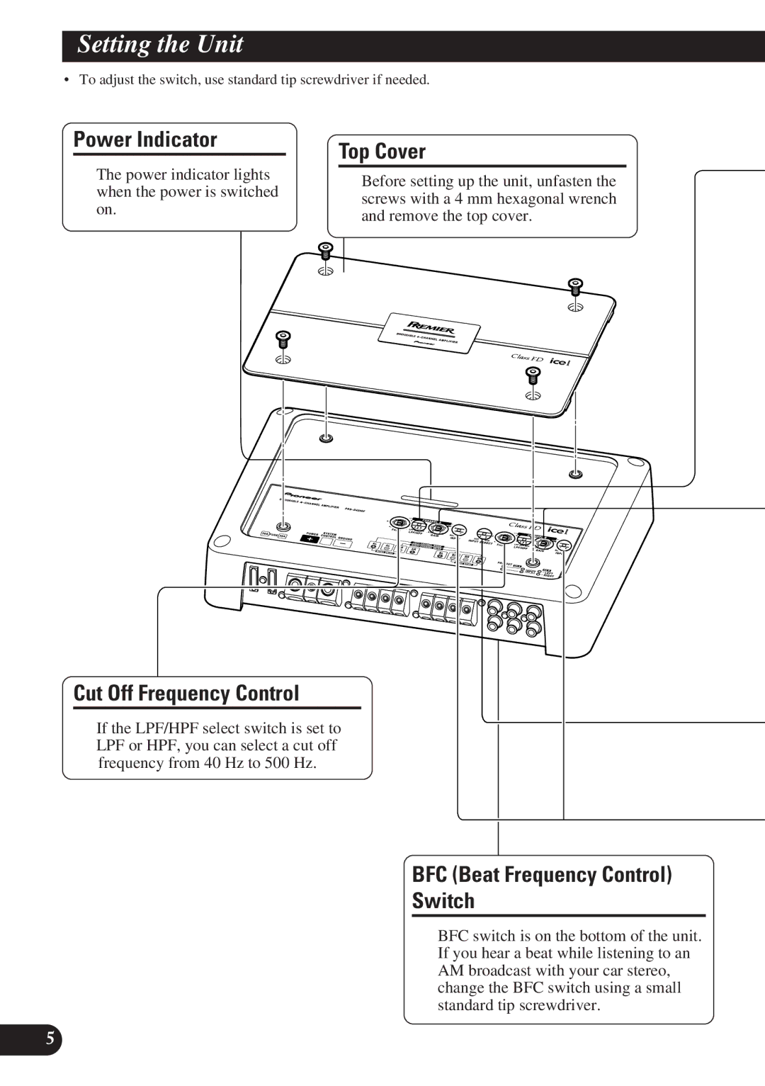 Pioneer PRS-D4200F Setting the Unit, Power Indicator, Cut Off Frequency Control, BFC Beat Frequency Control Switch 