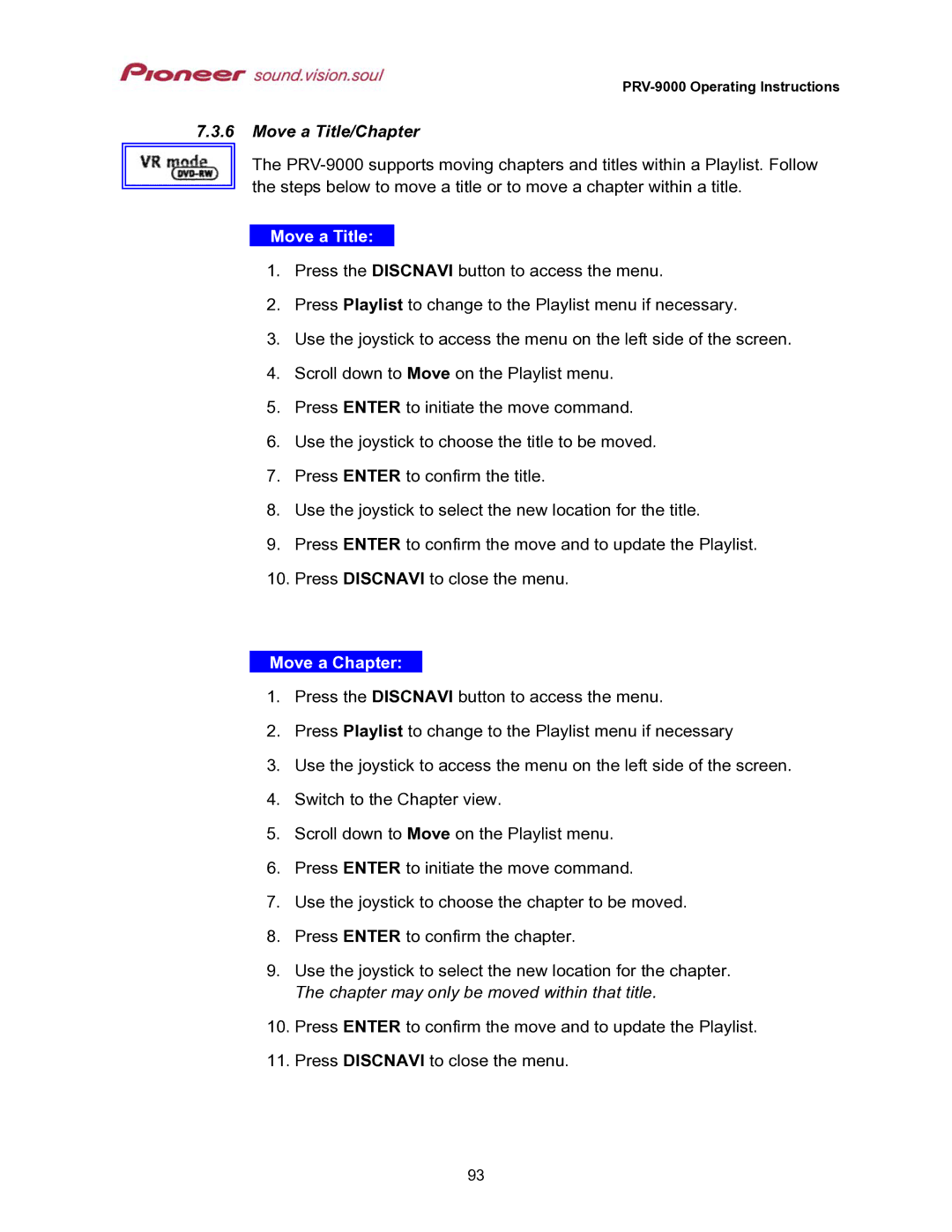 Pioneer PRV-9000 operating instructions Move a Title/Chapter, Move a Chapter 