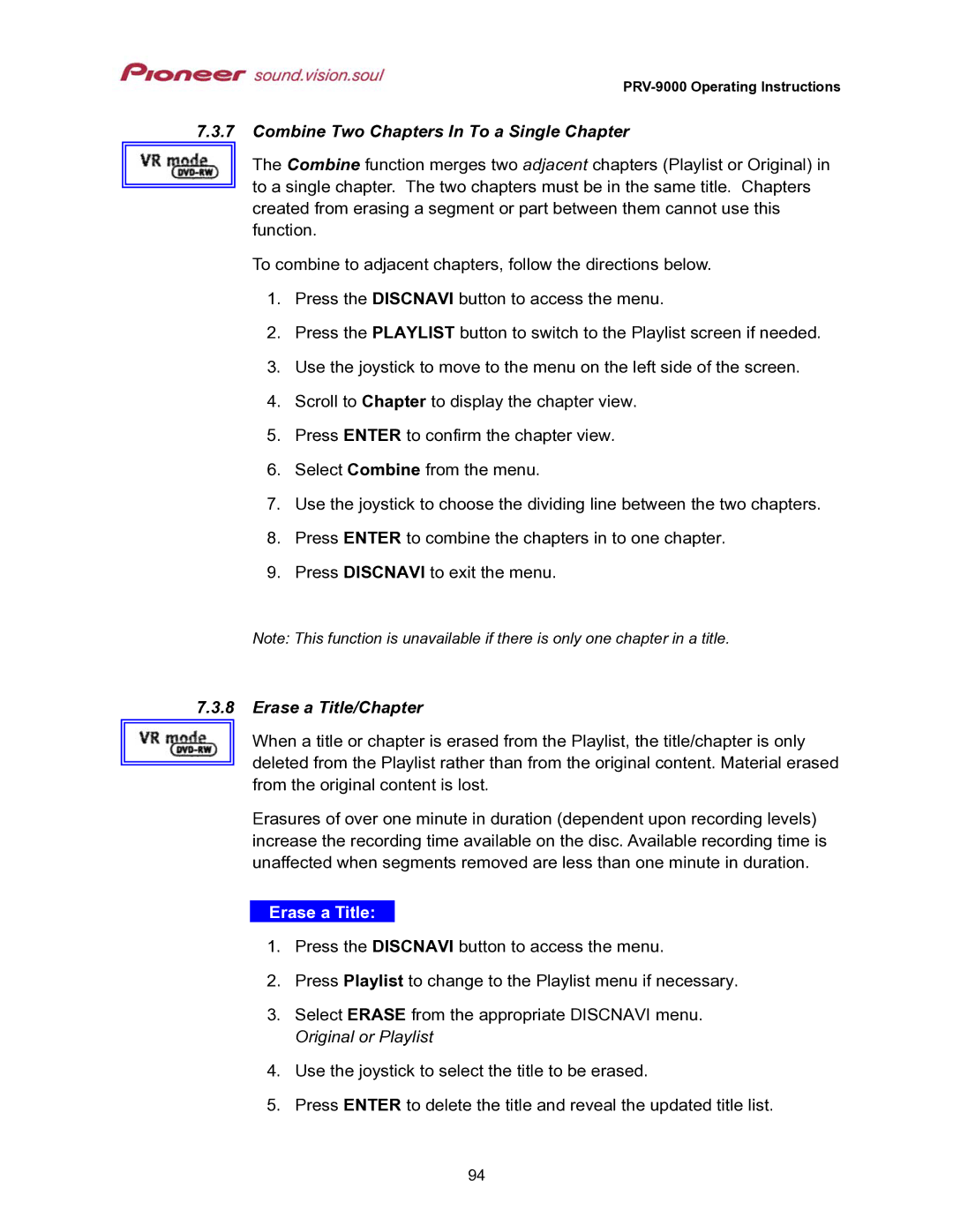 Pioneer PRV-9000 operating instructions Combine Two Chapters In To a Single Chapter, Erase a Title/Chapter 