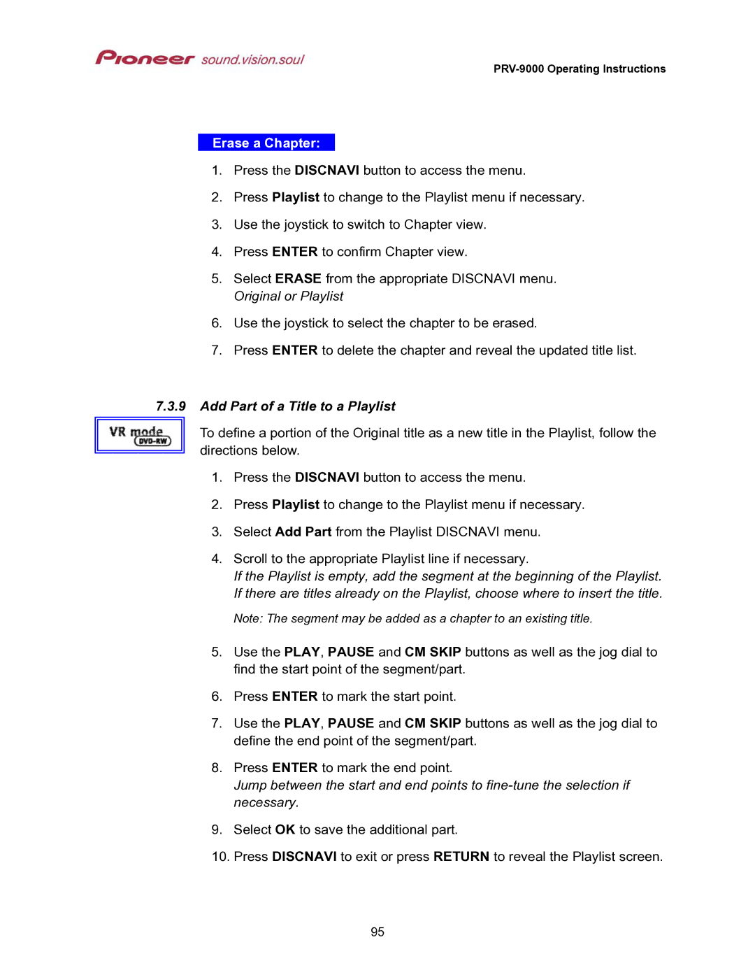 Pioneer PRV-9000 operating instructions Erase a Chapter, Add Part of a Title to a Playlist 