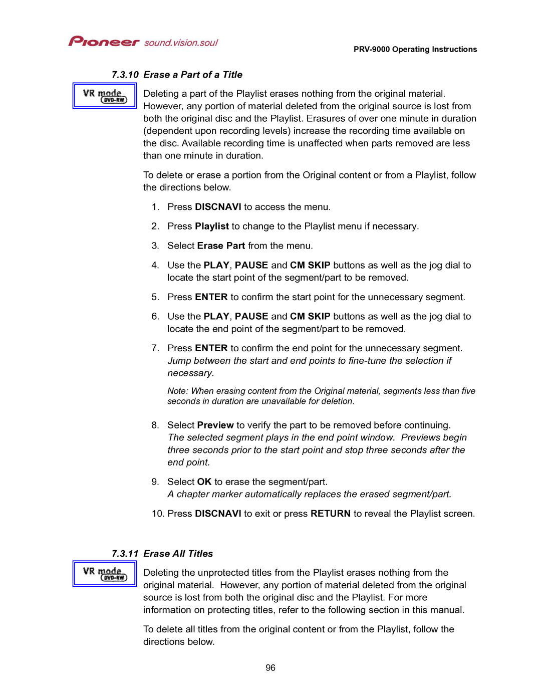 Pioneer PRV-9000 operating instructions Erase a Part of a Title, Erase All Titles 