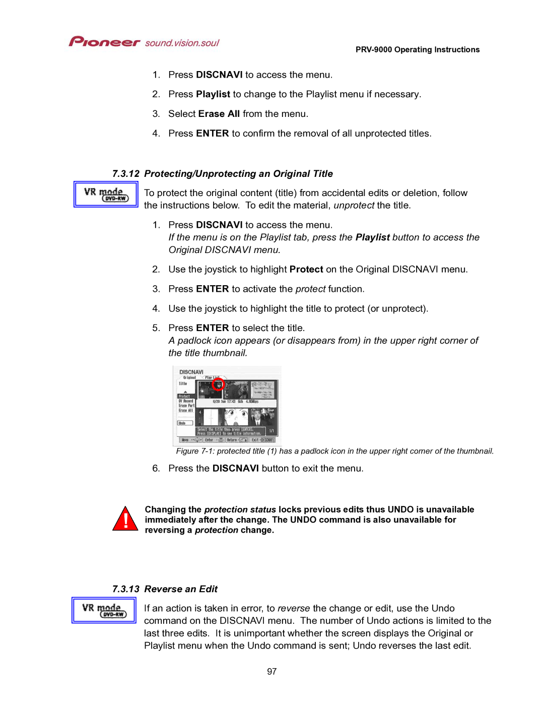 Pioneer PRV-9000 operating instructions Protecting/Unprotecting an Original Title, Reverse an Edit 