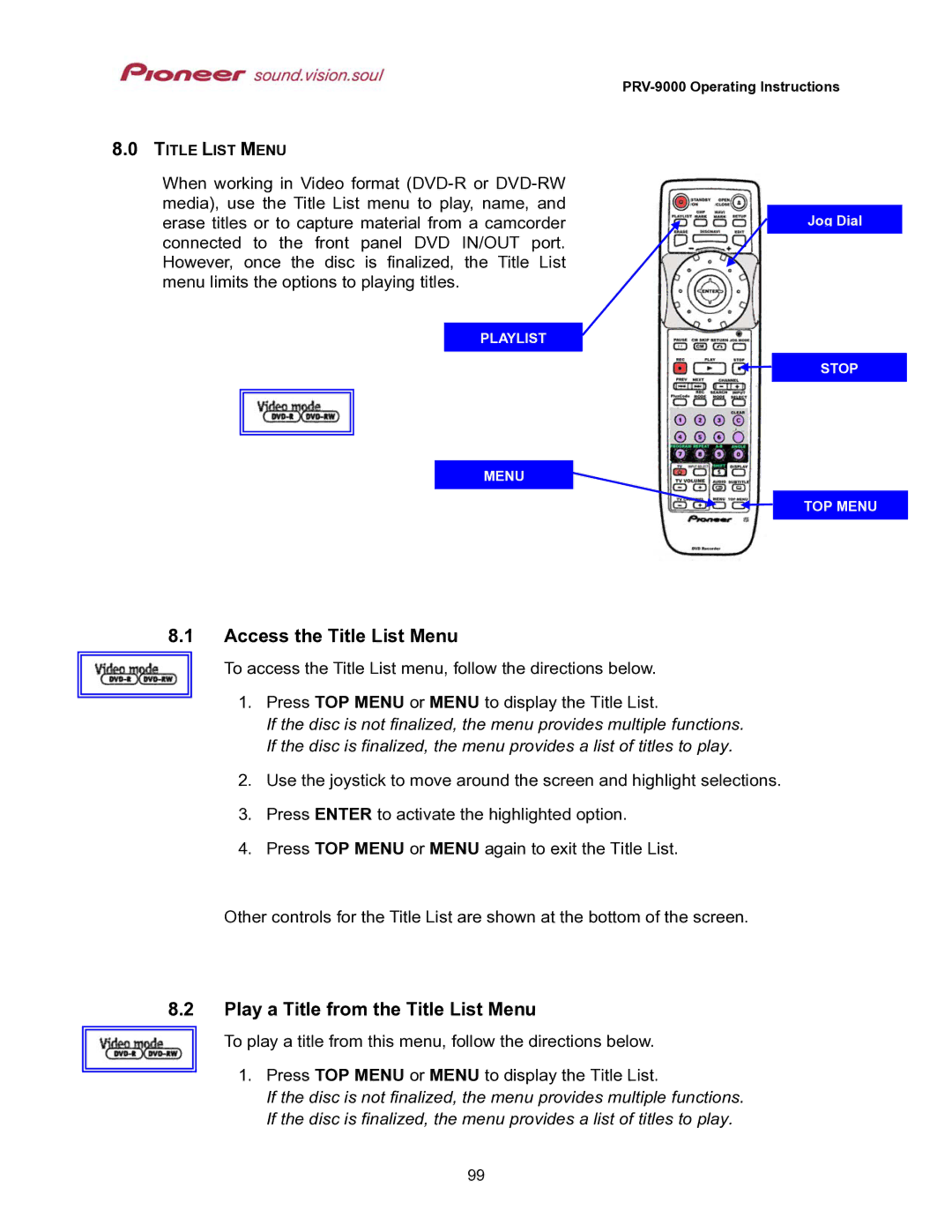 Pioneer PRV-9000 operating instructions Access the Title List Menu, Play a Title from the Title List Menu 