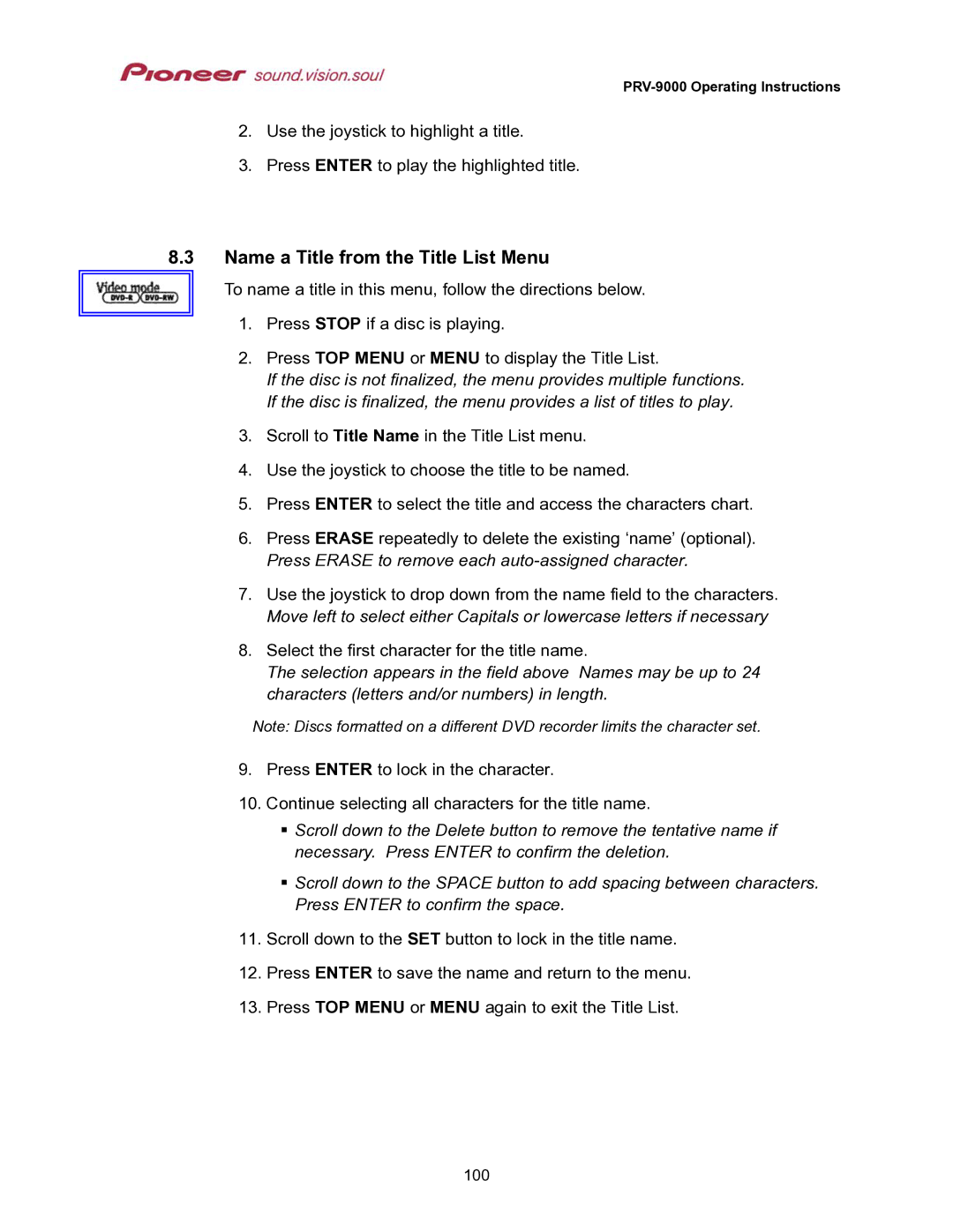 Pioneer PRV-9000 operating instructions Name a Title from the Title List Menu 