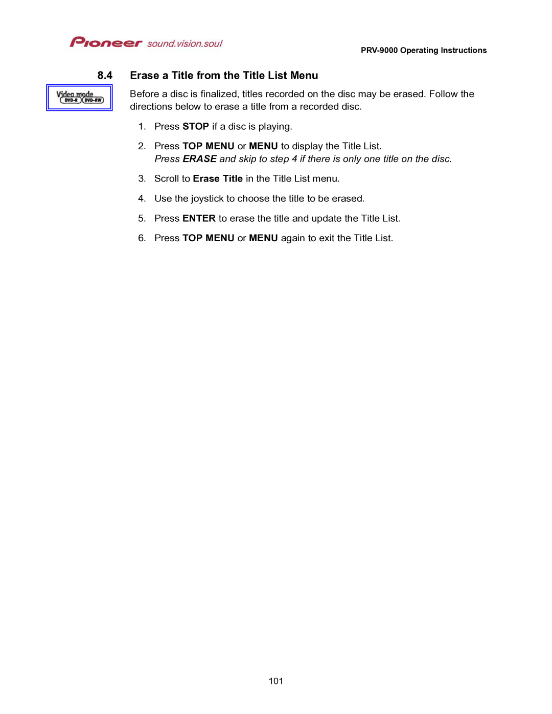 Pioneer PRV-9000 operating instructions Erase a Title from the Title List Menu 