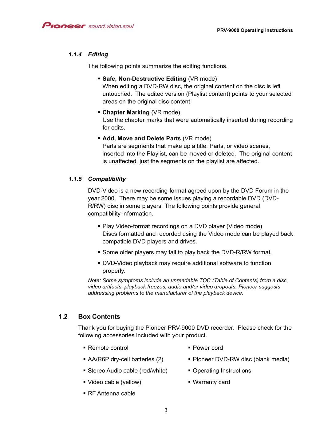 Pioneer PRV-9000 operating instructions Box Contents 