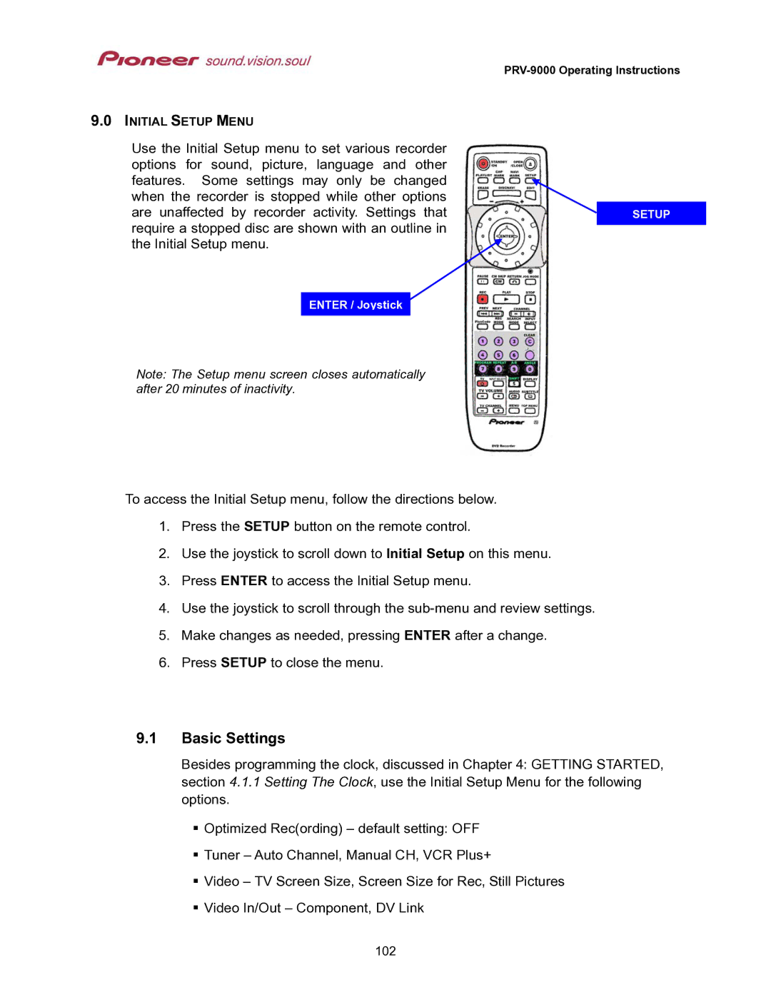 Pioneer PRV-9000 operating instructions Basic Settings 