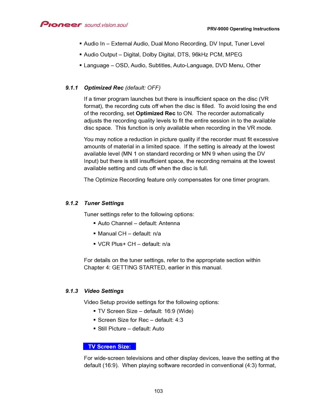 Pioneer PRV-9000 operating instructions Optimized Rec default OFF, Tuner Settings, Video Settings, TV Screen Size 