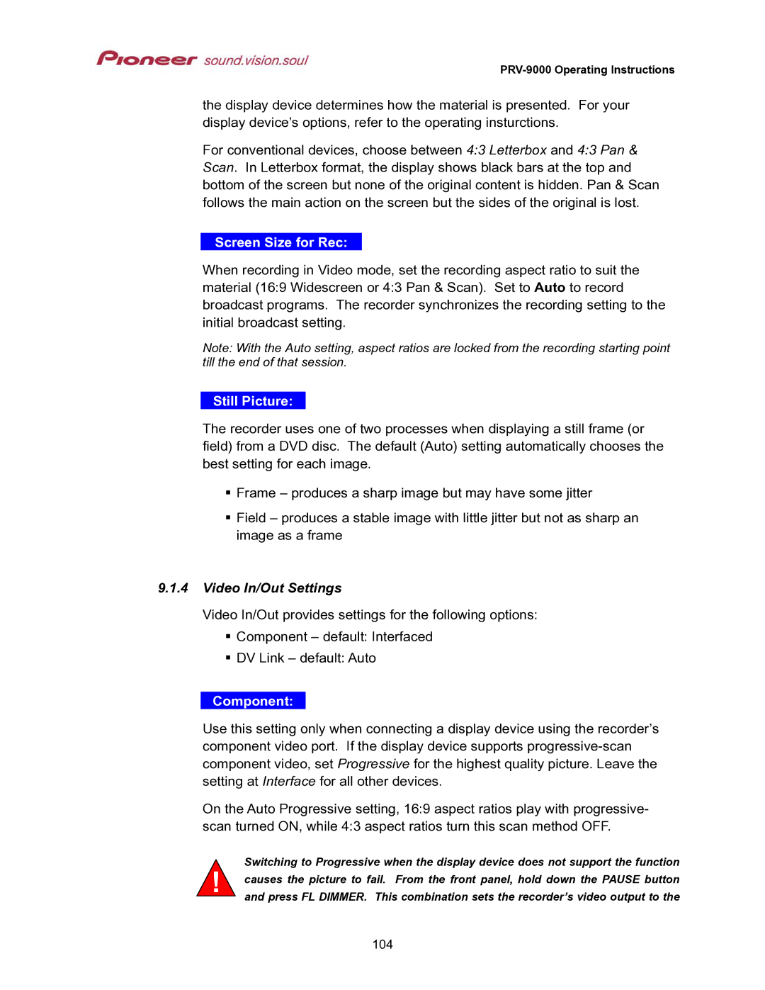 Pioneer PRV-9000 operating instructions Screen Size for Rec, Still Picture, Video In/Out Settings, Component 