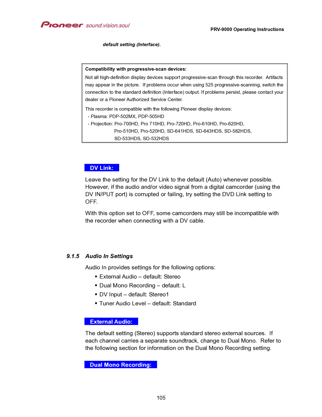 Pioneer PRV-9000 operating instructions DV Link, Audio In Settings, External Audio, Dual Mono Recording 