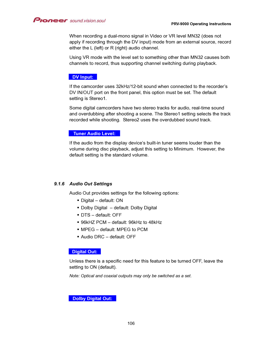 Pioneer PRV-9000 operating instructions DV Input, Tuner Audio Level, Audio Out Settings, Dolby Digital Out 