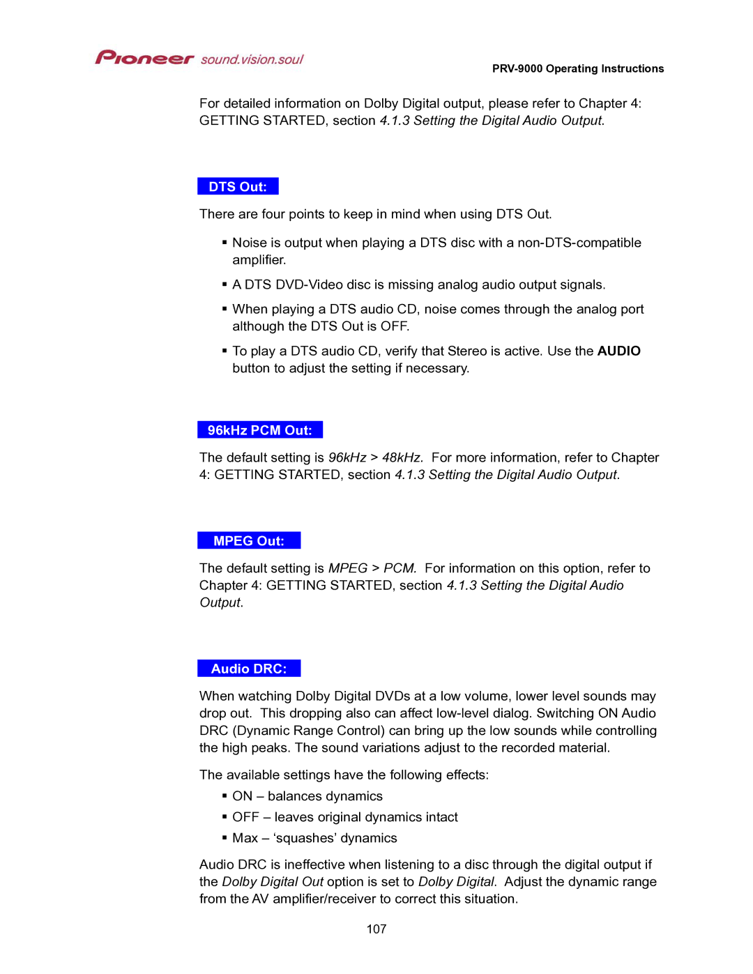 Pioneer PRV-9000 DTS Out, 96kHz PCM Out, Getting STARTED, .1.3 Setting the Digital Audio Output, Mpeg Out, Audio DRC 