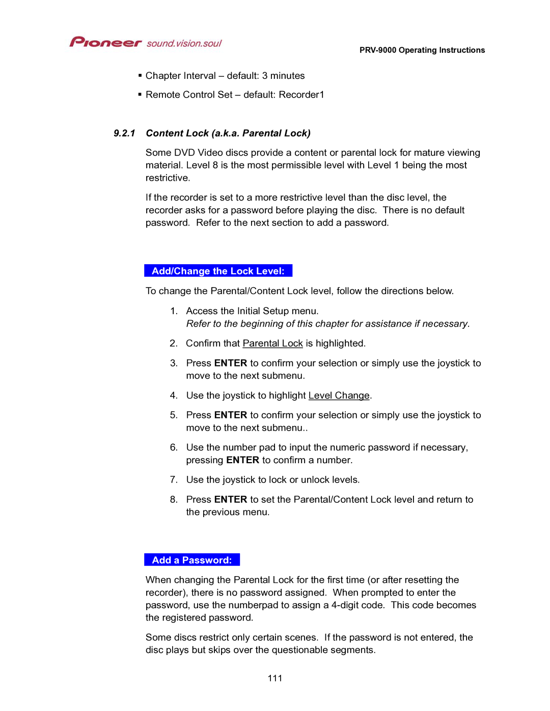 Pioneer PRV-9000 operating instructions Content Lock a.k.a. Parental Lock, Add/Change the Lock Level, Add a Password 