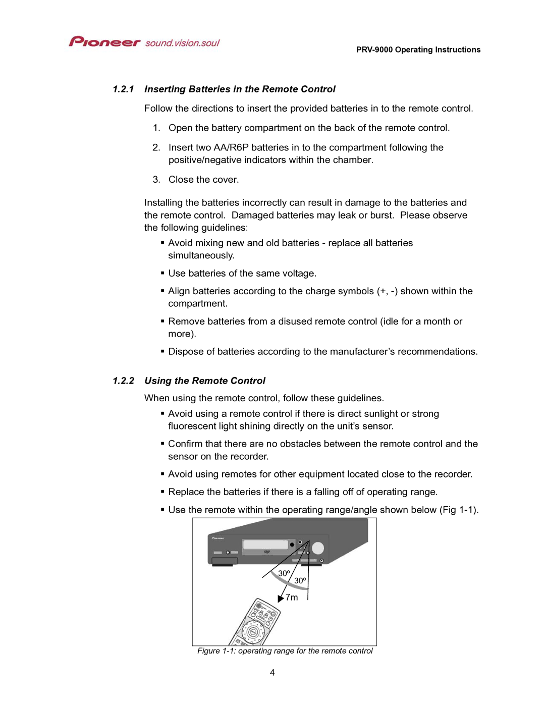 Pioneer PRV-9000 operating instructions Inserting Batteries in the Remote Control, Using the Remote Control 