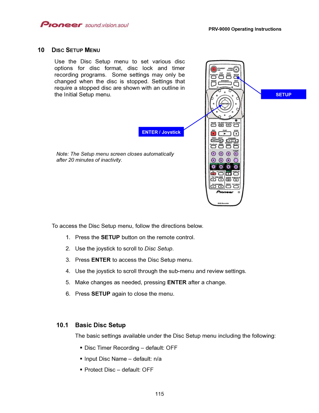 Pioneer PRV-9000 operating instructions Basic Disc Setup 