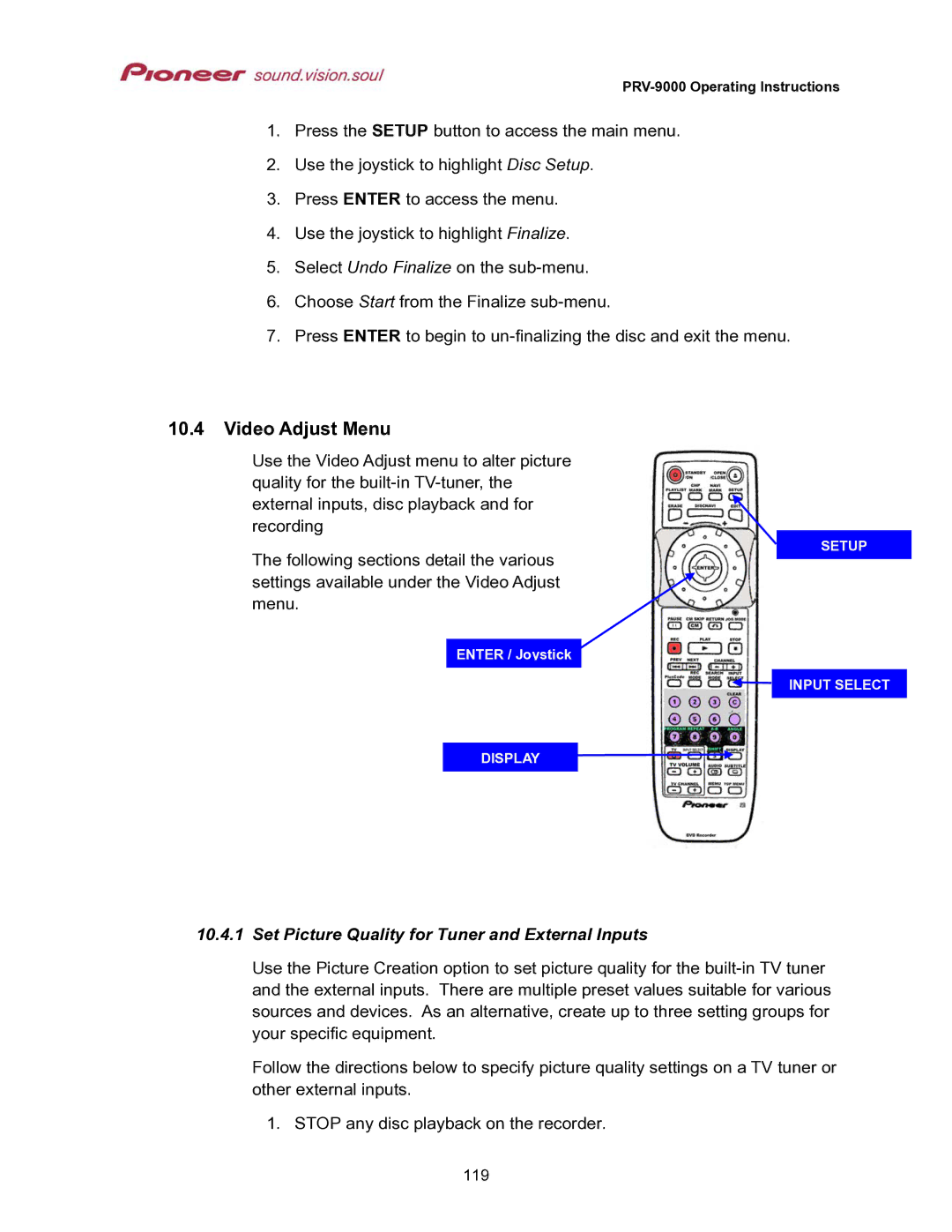 Pioneer PRV-9000 operating instructions Video Adjust Menu, Set Picture Quality for Tuner and External Inputs 