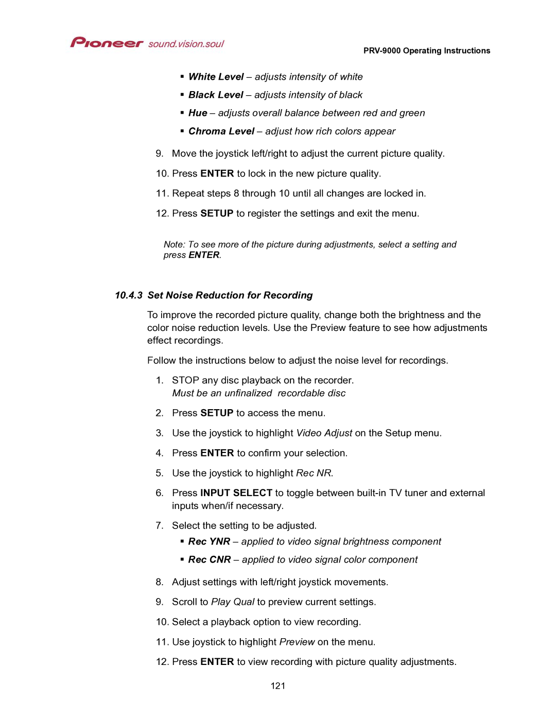 Pioneer PRV-9000 operating instructions Set Noise Reduction for Recording 