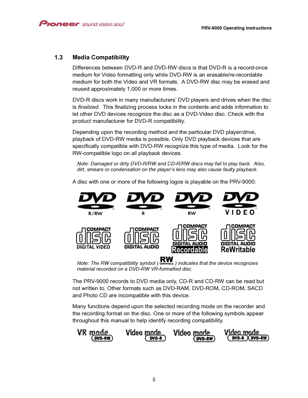 Pioneer PRV-9000 operating instructions Media Compatibility 