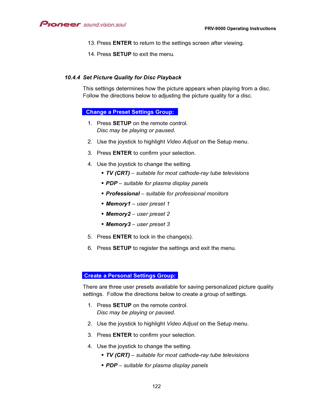 Pioneer PRV-9000 Set Picture Quality for Disc Playback, Change a Preset Settings Group, Create a Personal Settings Group 